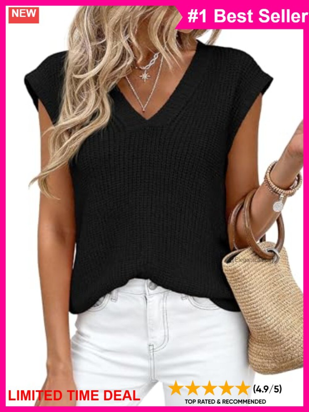 Cap Sleeve V-Neck Sweater Vest High Low Split Hem Knit Top